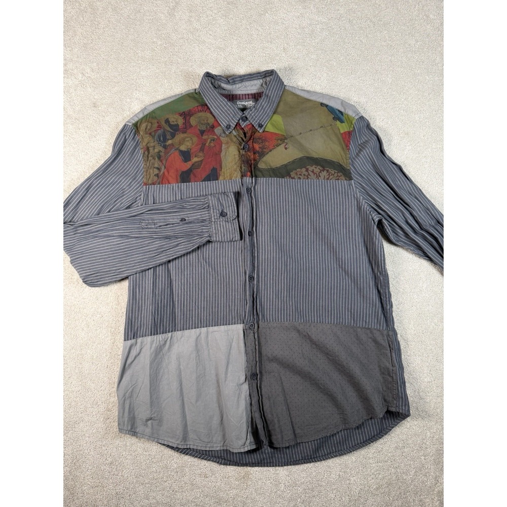 Desigual Mens Graphic Casual Shirt Size XXL Blue Cotton L/S Patchwork Artwork‎